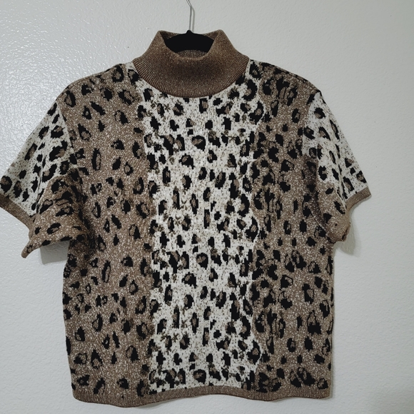 Lisa Originals Animal Print Gold Black Cream Beaded Knitted Blouse Top Sz L - Picture 7 of 14
